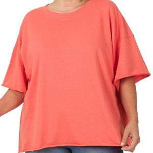 ZENANA 1X Plus French Terry Drop Shoulder Raw Edge Top in Coral Orange
